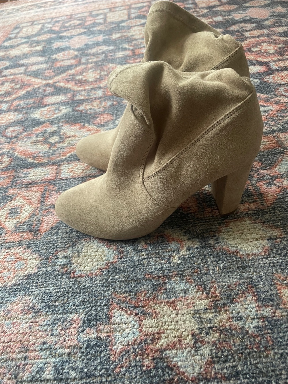 Express Neutral Taupe Suede Folded Shaft Block Heel Ankle Boots